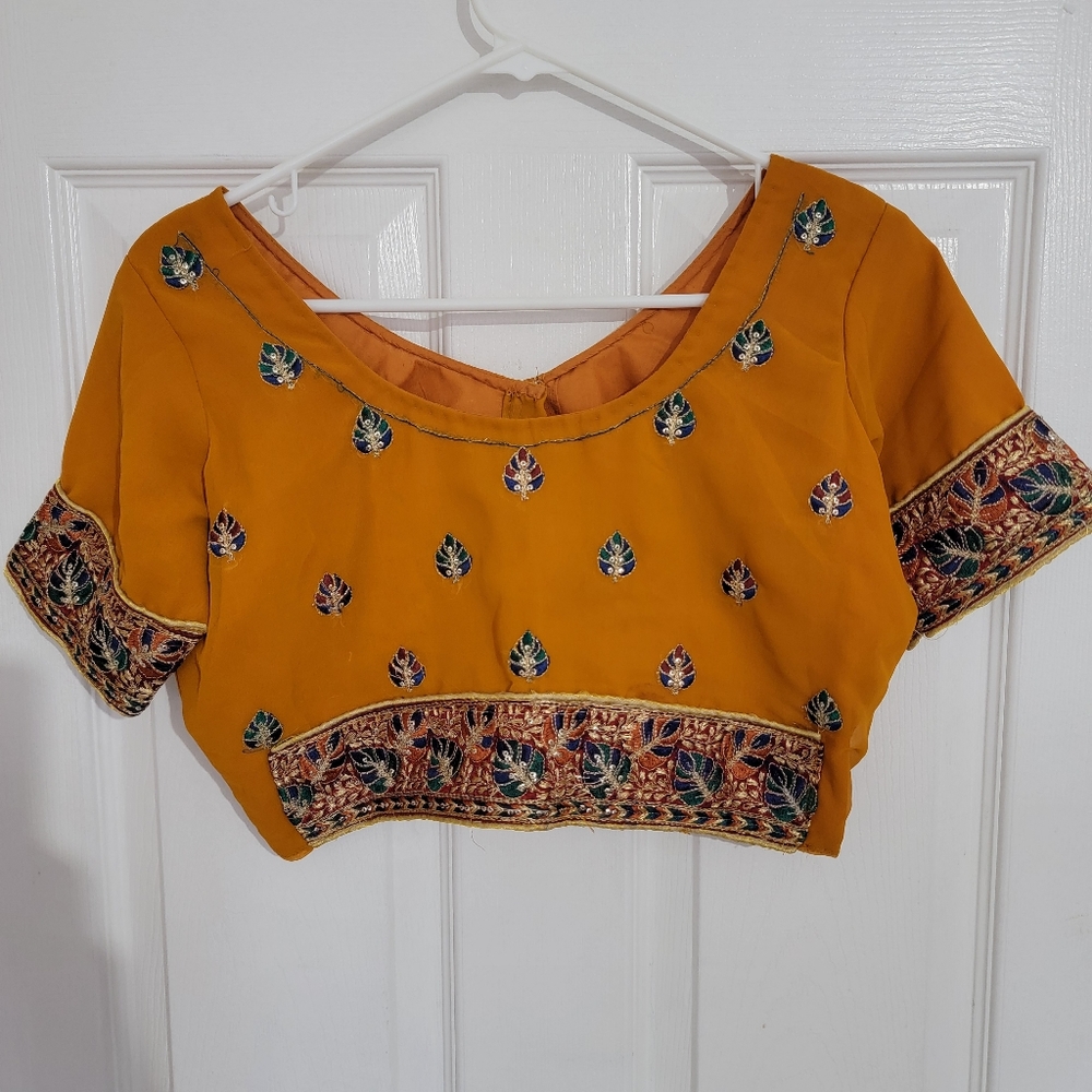 Orange yellow Sari Top (M) with Beaded Trim